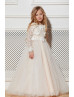 Long Sleeves Ivory Lace Tulle Pearls Floor Length Flower Girl Dress